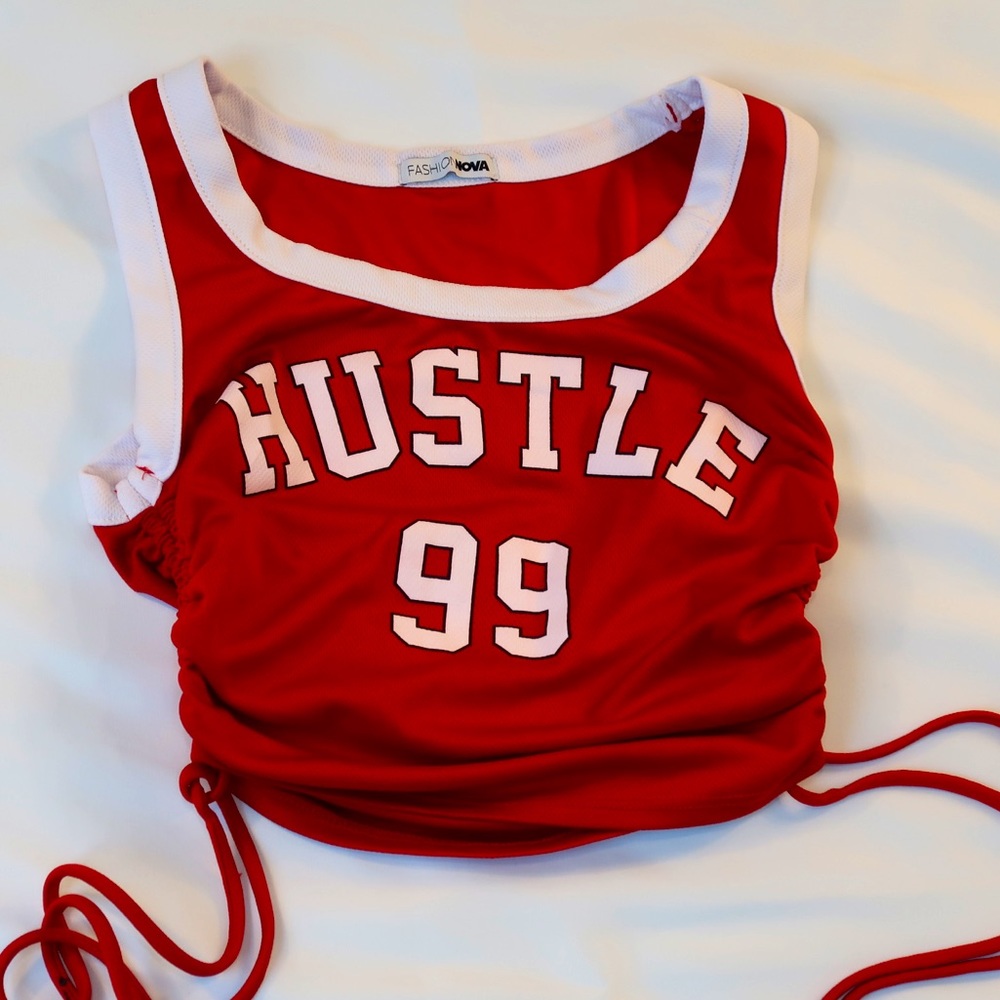 fashion nova jersey red “hustle 99” crop top